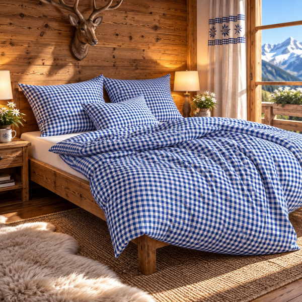 Renforcé Bettwäsche aus Baumwolle mit kleinem blau-weissem Karo Zimmer